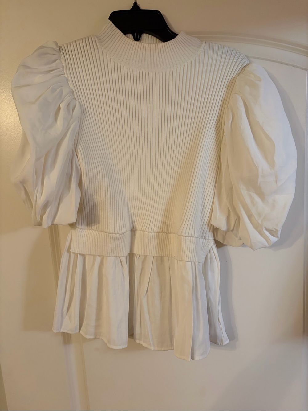 English Factory Cream Ribbed Mock Neck Top with Puff Sleeves